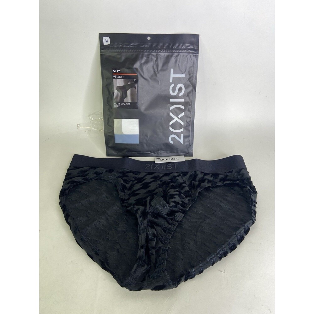 2xist Sexy Velour Low Rise Brief Underwear Checkerboard Mesh Black Mens Size M